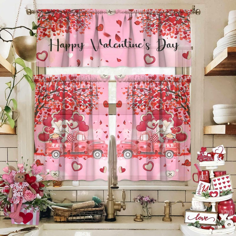 PyreneanHaven Valentines Day Kitchen Curtains Valentines Decorations for Home Valentine Valances Rod Pocket Window Curtains Tier and Valance Set Valentine Decor, 54" x 18" Valance, 27" x 36" Tier, 3 Panel Set - Image 3