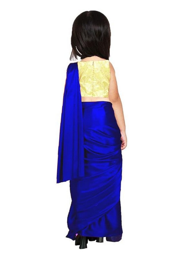 HIBA CREATIONS HIBA CREATIONS Baby girl Royal blue satin saree with golen embriodary blouse 6-7 Years - Image 2