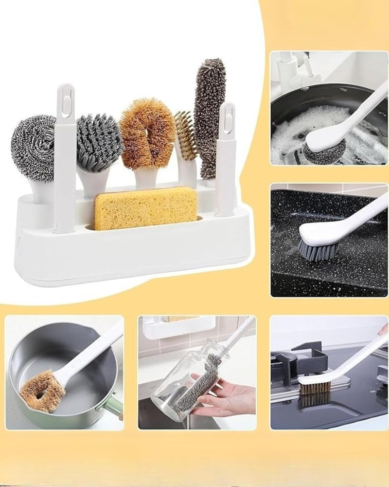Premsons ® 6-Piece Kitchen Cleaning Brush Set with Handles & Drainage Base – Includes Pot, Bottle & Crevice Brushes – Hangable Dish Brush Set for Sinks, Countertops, Pots & Pans - Image 2