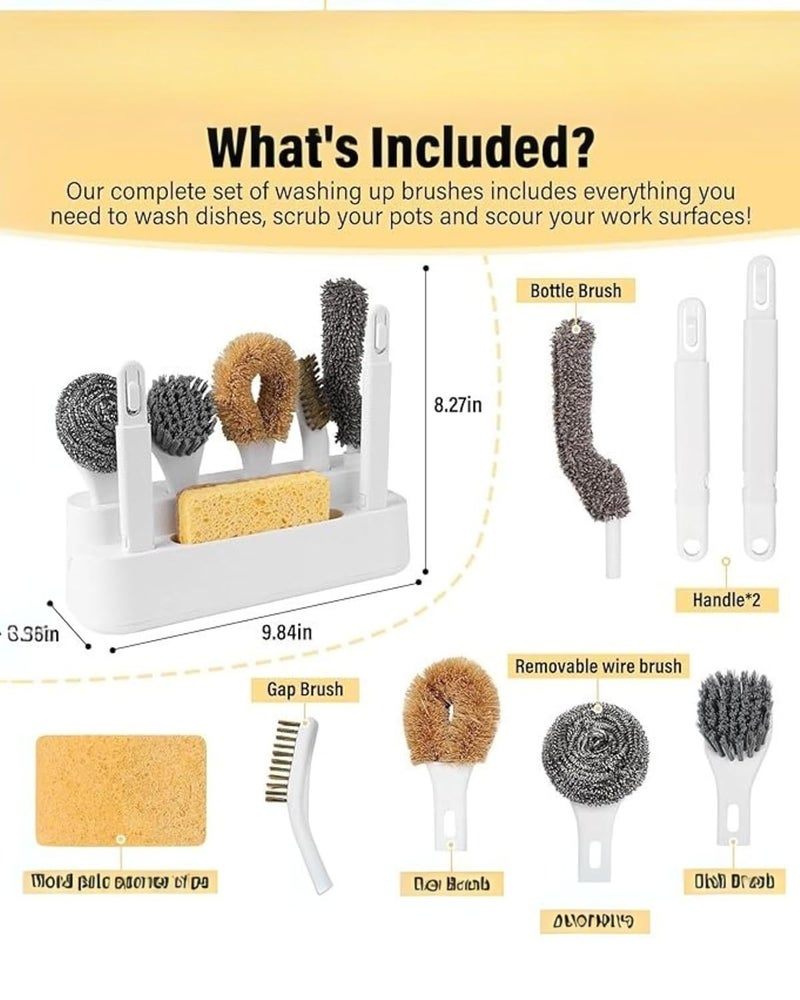 Premsons ® 6-Piece Kitchen Cleaning Brush Set with Handles & Drainage Base – Includes Pot, Bottle & Crevice Brushes – Hangable Dish Brush Set for Sinks, Countertops, Pots & Pans - Image 3
