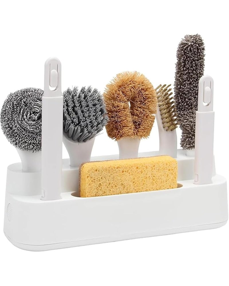 Premsons ® 6-Piece Kitchen Cleaning Brush Set with Handles & Drainage Base – Includes Pot, Bottle & Crevice Brushes – Hangable Dish Brush Set for Sinks, Countertops, Pots & Pans - Image 1