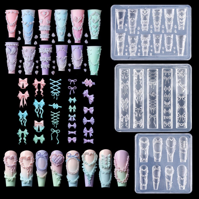 Sibba 3Pcs Silicone Nail Molds 3D Bow Charms Nail Mold Carving Template Stencil for Women Nails Art Fingertip Decoration Transparent Resin Craft Accessories - Image 3