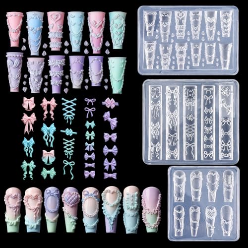 Sibba 3Pcs Silicone Nail Molds 3D Bow Charms Nail Mold Carving Template Stencil for Women Nails Art Fingertip Decoration Transparent Resin Craft Accessories - Image 1