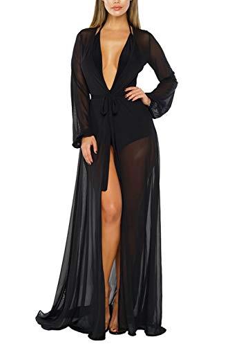 Pink Queen Women's Long Sleeve Flowy Maxi Bathing Suit Swimsuit Tie Front Robe Cover Up Black S - Image 1