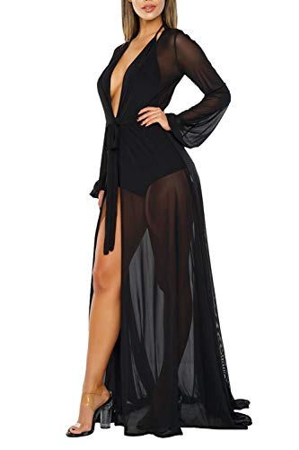 Pink Queen Women's Long Sleeve Flowy Maxi Bathing Suit Swimsuit Tie Front Robe Cover Up Black S - Image 2