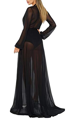 Pink Queen Women's Long Sleeve Flowy Maxi Bathing Suit Swimsuit Tie Front Robe Cover Up Black S - Image 3