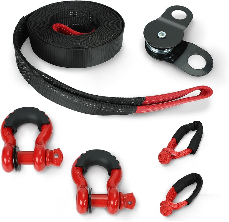 STMGW Heavy Duty Recovery Kit - 3" x 30' Tow Strap, 14,000 lbs Capacity with Soft Shackle and 8 Ton Pulley Winch Block - Image 1
