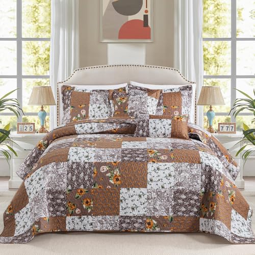 BEDIFANY Cotton Filling King Quilt Set  Reversible Farmhouse Bedspreads King Size with 2 Pillow Shams  Lightweight King Size Quilt Bedding Sets 3 Pieces 98 x 106 inch