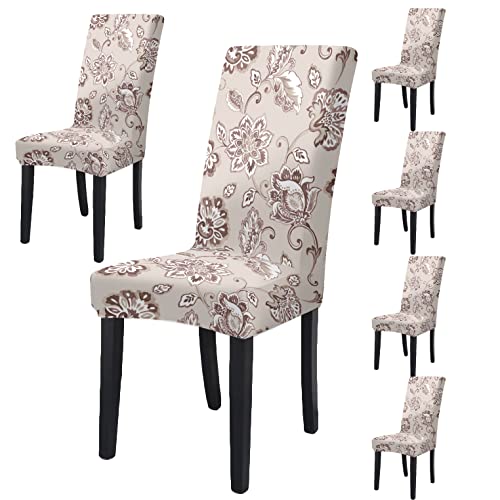 BRIDA® Stretchable Floral Printed Dining Chair Covers Elastic Chair Seat Case Protector, Slipcovers (6 Chair Cover, Floral Beige) - Image 1