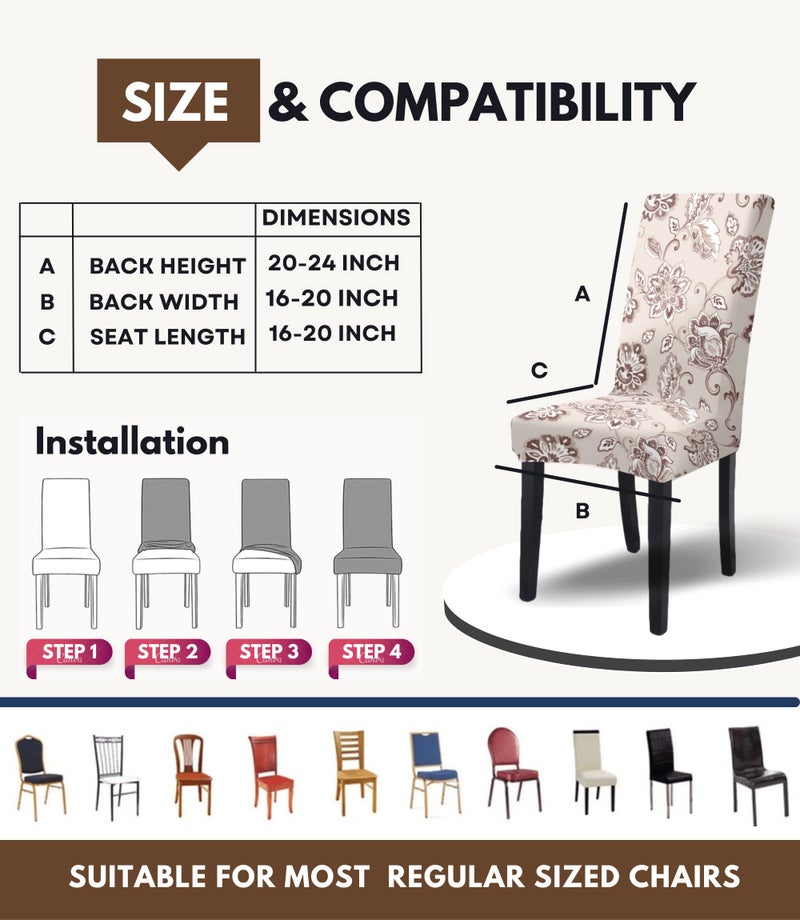 BRIDA® Stretchable Floral Printed Dining Chair Covers Elastic Chair Seat Case Protector, Slipcovers (6 Chair Cover, Floral Beige) - Image 4
