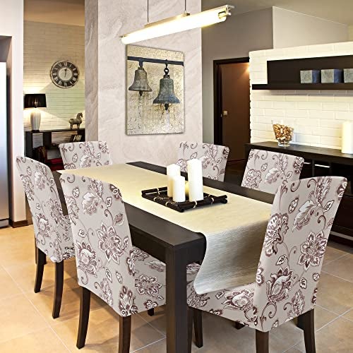 BRIDA® Stretchable Floral Printed Dining Chair Covers Elastic Chair Seat Case Protector, Slipcovers (6 Chair Cover, Floral Beige) - Image 2