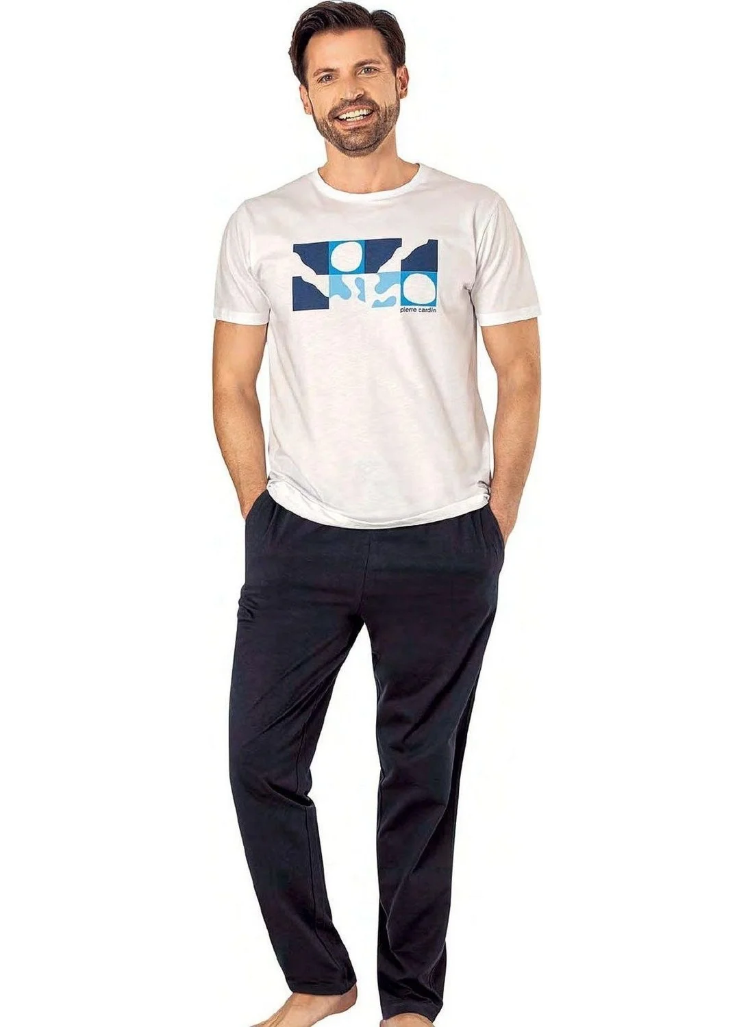 بيير كاردان 6076 Men's Short Sleeve Crew Neck Pajama Set-White