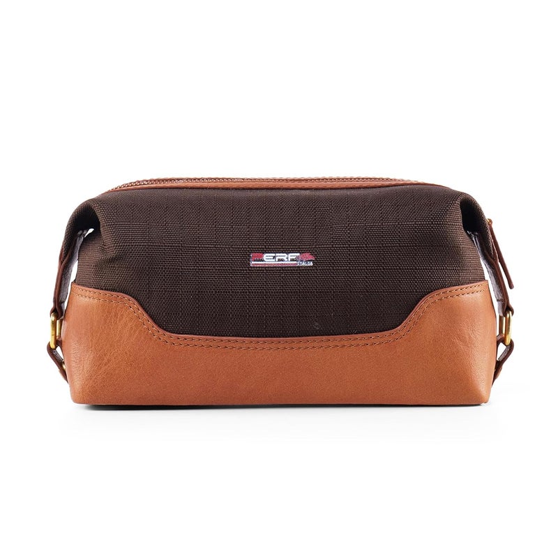 Perf Genuine Leather Travel Kit Bag | Unisex Toiletry Bag | Cosmetics Pouch for Women | Coated Nylon Punch Leather Pouch for Men & Women with Adjustable Side Loops & Grab Handle (Dark Brown) - Image 1