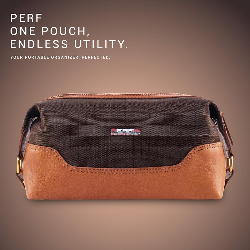 Perf Genuine Leather Travel Kit Bag | Unisex Toiletry Bag | Cosmetics Pouch for Women | Coated Nylon Punch Leather Pouch for Men & Women with Adjustable Side Loops & Grab Handle (Dark Brown) - Image 4