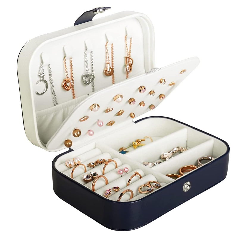 Travel Jewelry Box PU Leather Small Jewelry Organizer for Women Girls Portable Mini Travel Case Display Storage Holder Boxes for Stud Earrings Rings Necklaces Bracelets Blue