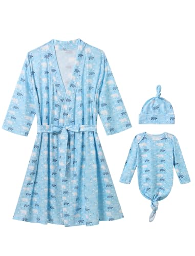 AWIBMK Mommy and Me Robe and Swaddle Set Floral Print Maternity and Baby Matching Hospital Labor Delivery Swaddling Wrap Blanket Dress with Headband Hat for Mom and Girl Boy 4pcs Outfit Blue Bear LXL - Image 1