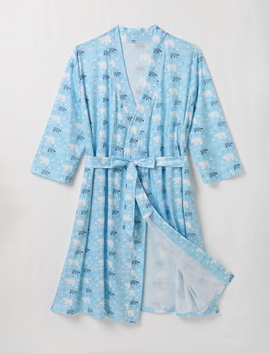 AWIBMK Mommy and Me Robe and Swaddle Set Floral Print Maternity and Baby Matching Hospital Labor Delivery Swaddling Wrap Blanket Dress with Headband Hat for Mom and Girl Boy 4pcs Outfit Blue Bear LXL - Image 3