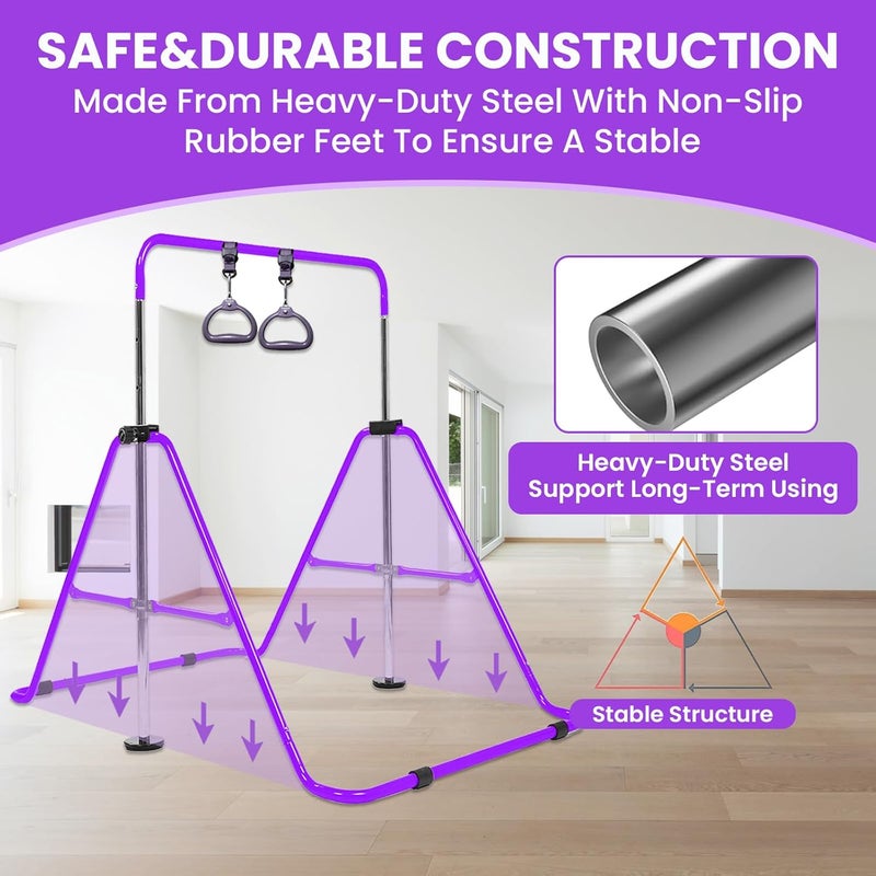 AMRTA Foldable Gymnastics Bar for Kids Ages 3-8 with Rings, Adjustable Collapsible Horizontal Training Equipment Set for Toddler Girls Boys, Great for Indoor Outdoor Home Use Gym Gift in Pink Purple Blue - Image 5