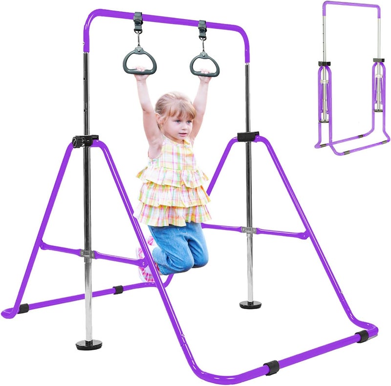 AMRTA Foldable Gymnastics Bar for Kids Ages 3-8 with Rings, Adjustable Collapsible Horizontal Training Equipment Set for Toddler Girls Boys, Great for Indoor Outdoor Home Use Gym Gift in Pink Purple Blue - Image 1