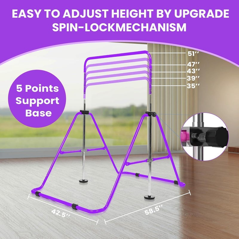 AMRTA Foldable Gymnastics Bar for Kids Ages 3-8 with Rings, Adjustable Collapsible Horizontal Training Equipment Set for Toddler Girls Boys, Great for Indoor Outdoor Home Use Gym Gift in Pink Purple Blue - Image 3