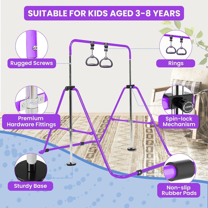 AMRTA Foldable Gymnastics Bar for Kids Ages 3-8 with Rings, Adjustable Collapsible Horizontal Training Equipment Set for Toddler Girls Boys, Great for Indoor Outdoor Home Use Gym Gift in Pink Purple Blue - Image 2
