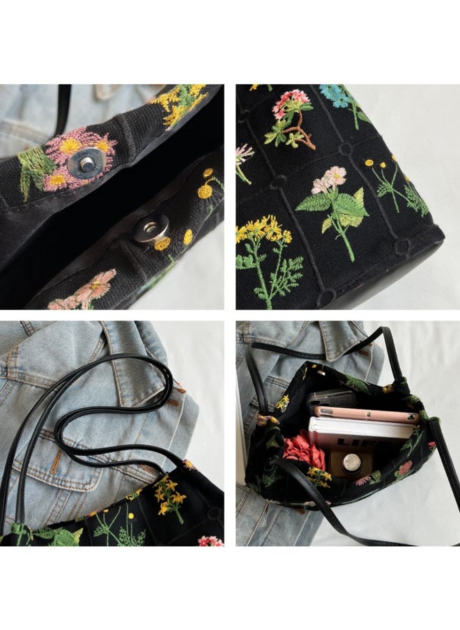 WAOKN Women's Fresh and Sweet Shoulder Bag, Ladies Flower Embroidery Crossbody Bags Sling Bag Side Bag Carry Bag, Fashion Trend Cotton and Linen Material Large-capacity Gift Bag Handbag  - Image 5