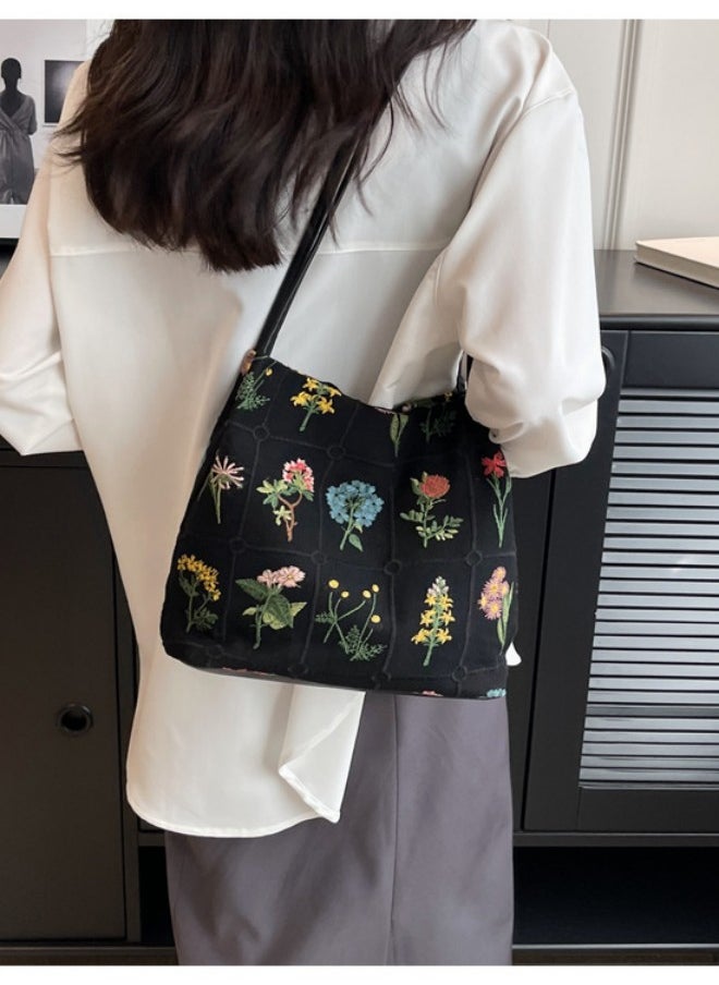 WAOKN Women's Fresh and Sweet Shoulder Bag, Ladies Flower Embroidery Crossbody Bags Sling Bag Side Bag Carry Bag, Fashion Trend Cotton and Linen Material Large-capacity Gift Bag Handbag  - Image 3