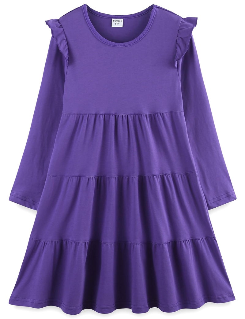 Bumeex Big Kids Tween Girl's Dress Long Sleeve Cotton Casual School Fall Spring Fashion A-Line Swing Twirly Dresses Outfits Clothing Clothes Vestido para NiÃ±a Purple 8-9 Years - Image 1