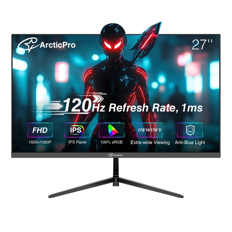 ArcticPro 27 inch Monitor 120Hz, FHD 1080p, Computer Monitor, IPS, 99% sRGB, Adaptive Sync, 1ms Response Time, 3-Sided Frameless, Ultra Slim, VESA Mountable, Anti-Blue Light Design, HDMI & VGA Ports - Image 1