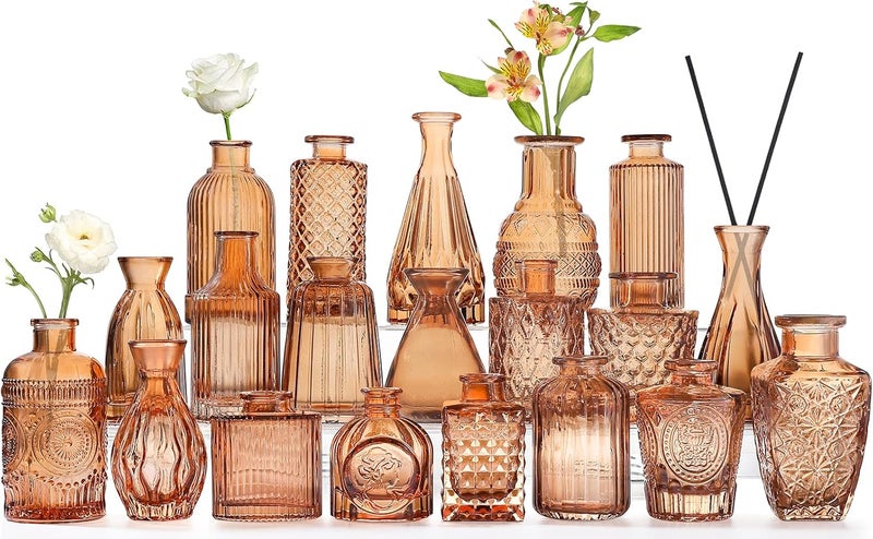 QLOFEI Amber Glass Bud Vases -Set of 20 for Flowers, Small Amber Bud Vases in Bulk for Centerpieces Decor, Mini Glass Set for Home Table Decorations - Image 1