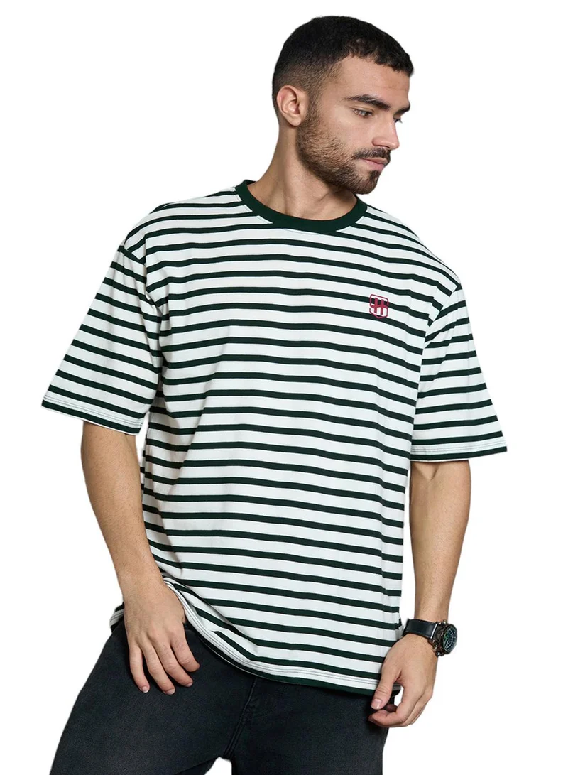 HIGH STAR Relaxed Black T-Shirt for Men, Striped with Pockets