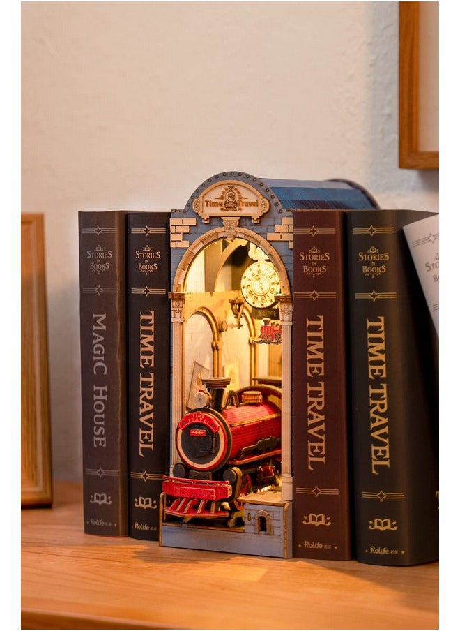 Robotime ROBOTIME DIY Book Nook Kit Insert Bookcase Book Stand 3D Wooden Puzzle DIY Miniature House Wood Bookend Book Nook Model Building Kit with LED Light Booknook Decoration (Time Travel)  - Image 2