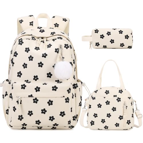 ACESAK Backpack for Girls Corduroy Girls Backpack with Lunch Bag Pencil Pouch for Teen Kids Laptop Backpack for Women Middle High School Bookbag Travel Daypack Beige Flower - Image 1