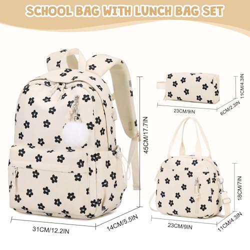 ACESAK Backpack for Girls Corduroy Girls Backpack with Lunch Bag Pencil Pouch for Teen Kids Laptop Backpack for Women Middle High School Bookbag Travel Daypack Beige Flower - Image 3
