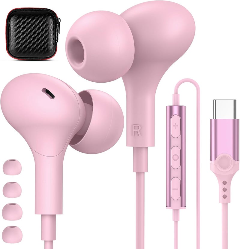 APETOO USB C Headphones for iPhone 16 15 Plus/Galaxy S25 Wired Earbuds with Microphone for Samsung S24 S23 S22 S21 S20 FE Ultra, Noise Canceling Magnetic in-Ear Type C Earpones for iPad 10th/Pixel 8a, Pink - Image 1