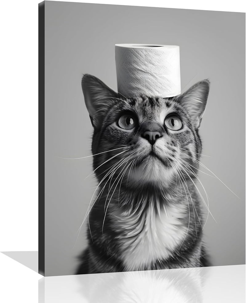 OWNANRTHM Funny Cat Bathroom Canvas Wall Art - Image 1