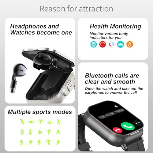 Denash Smart Watch with Earbuds 201 HD Screen Fitness Watch 2 in 1 Smartwatch with 100 Sport Modes Fitness Tracker SleepHeart RateMonitor Pedometer for iOS Android Black - Image 3