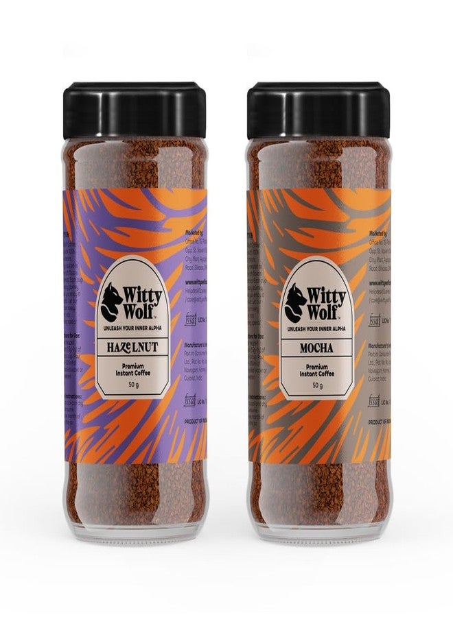 Witty Wolf Premium Hazelnut & Mocha Instant Flavored Coffee Combo (50gm + 50gm) | Espresso, Latte & Cappuccino | Hot & Cold Coffee (Pack of 2) - Image 1