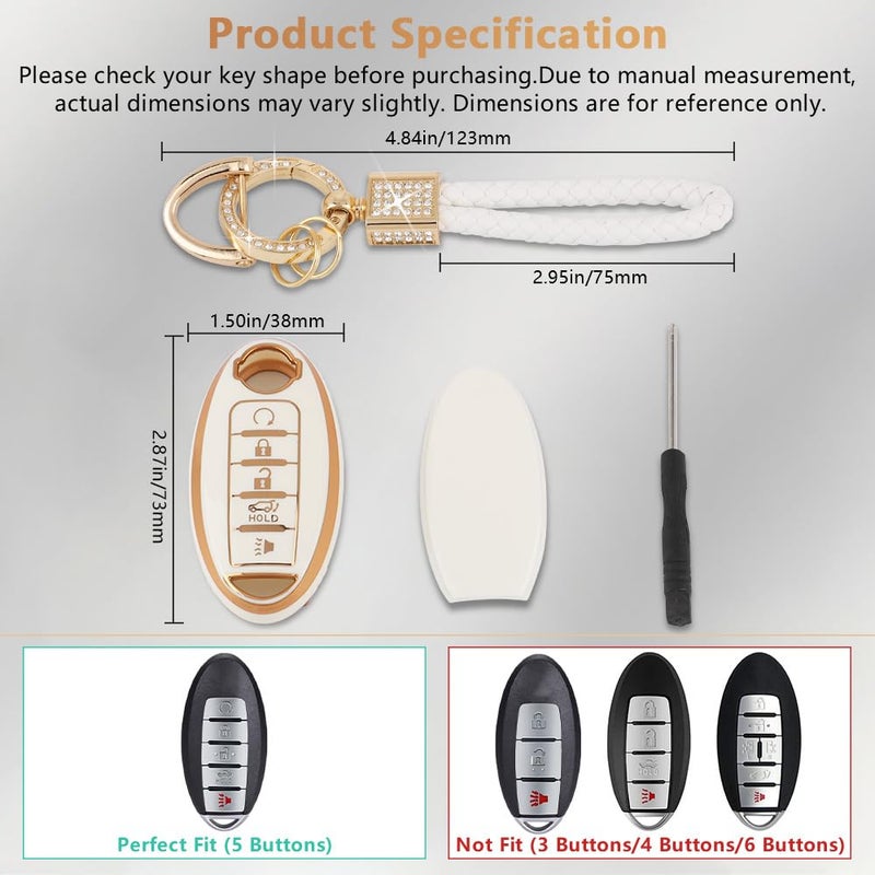PIFOOG Accessories for Nissan Key Cover TPU Car Keys Shell Chain Waterproof Fit Nissan Altima Sentra Rogue Pathfinder Murano Armada Maxima Versa Remote Key White Girly - Image 2