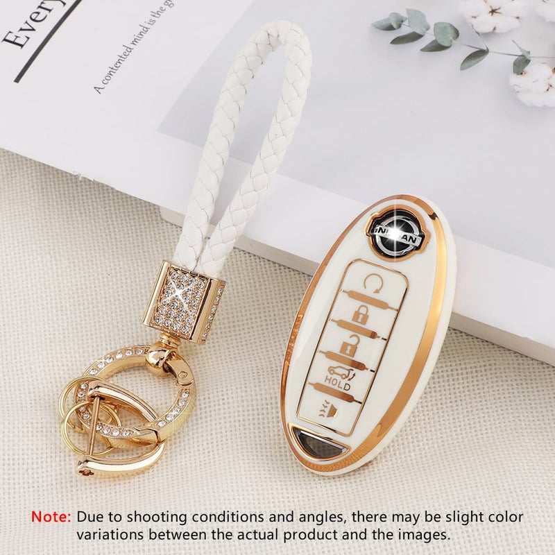 PIFOOG Accessories for Nissan Key Cover TPU Car Keys Shell Chain Waterproof Fit Nissan Altima Sentra Rogue Pathfinder Murano Armada Maxima Versa Remote Key White Girly - Image 3
