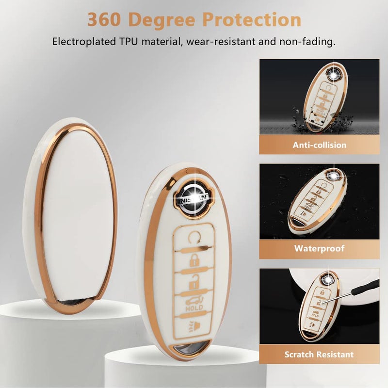 PIFOOG Accessories for Nissan Key Cover TPU Car Keys Shell Chain Waterproof Fit Nissan Altima Sentra Rogue Pathfinder Murano Armada Maxima Versa Remote Key White Girly - Image 4