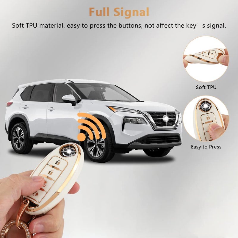 PIFOOG Accessories for Nissan Key Cover TPU Car Keys Shell Chain Waterproof Fit Nissan Altima Sentra Rogue Pathfinder Murano Armada Maxima Versa Remote Key White Girly - Image 5