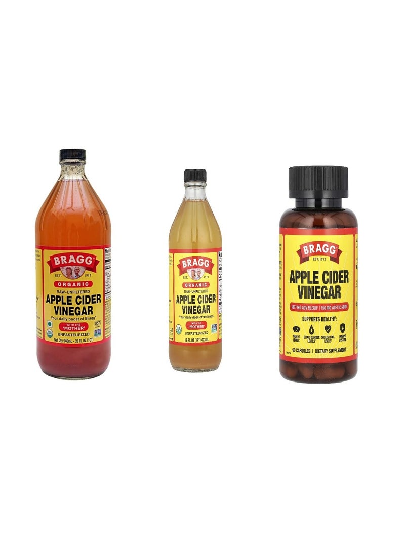 Bragg Apple Cider Vinegar 90 Capsules+Raw Organic Apple Cider Vinegar Health Supplement 473ml +Raw Organic Unfiltered Apple Cider Vinegar 946ml