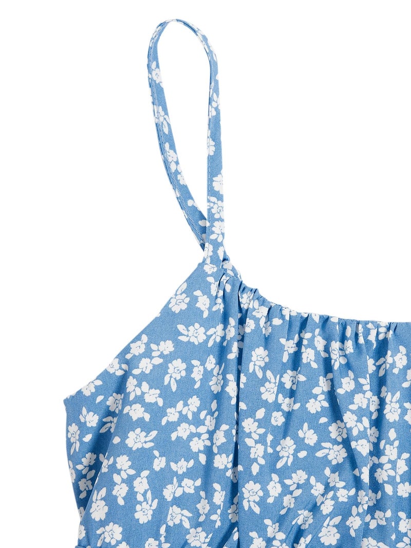 Floerns Girl's Floral Print Sleeveless Ruched Ruffle Hem A Line Cami Short Dress Blue Flower 10Y - Image 4