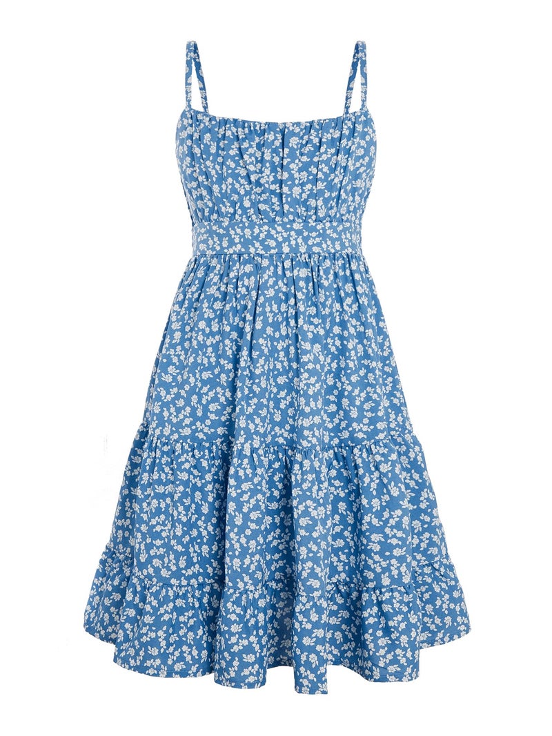 Floerns Girl's Floral Print Sleeveless Ruched Ruffle Hem A Line Cami Short Dress Blue Flower 10Y - Image 1