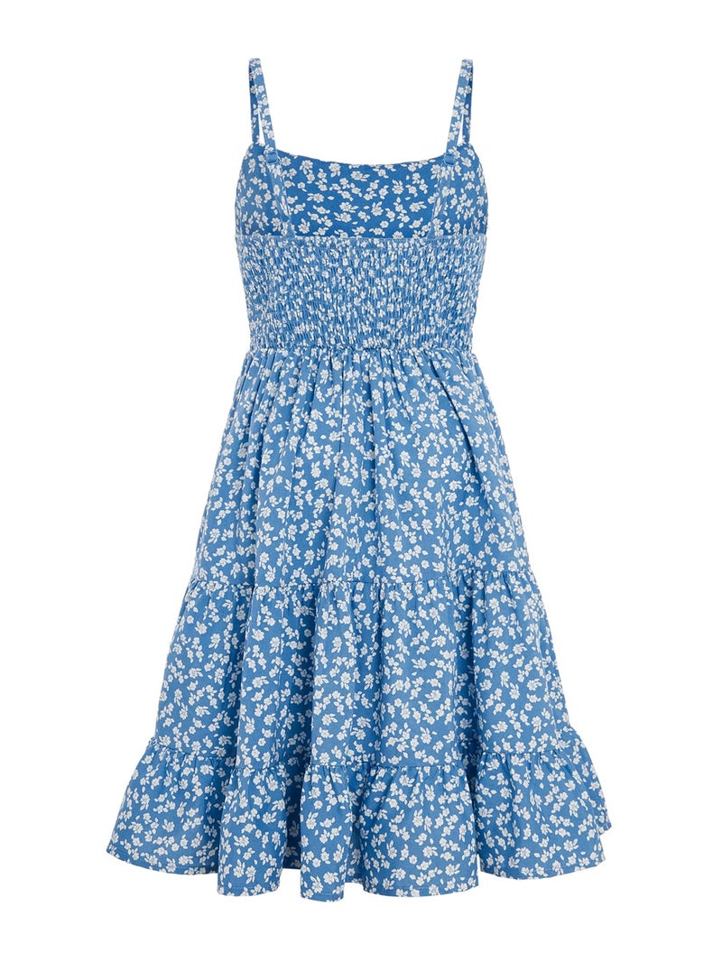 Floerns Girl's Floral Print Sleeveless Ruched Ruffle Hem A Line Cami Short Dress Blue Flower 10Y - Image 2