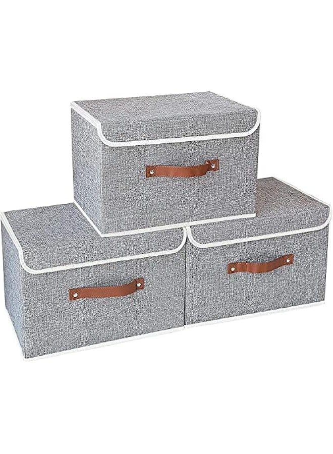 بيوينتي صناديق التخزين مع الأغطية 3 حزمة، صندوق التخزين القابل للطي مع مقبض، لتنظيم الألعاب، الملابس، المكتب، 38x25x25cm، الرمادي - Image 1