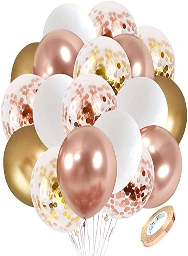 Secret Rose Gold Confetti Latex Balloons, 60 pcs 12 inch White Metallic Gold Party Balloon with 33 Ft Rose Gold Ribbon for Birthday Wedding Anniversary Bridal Shower Decoration