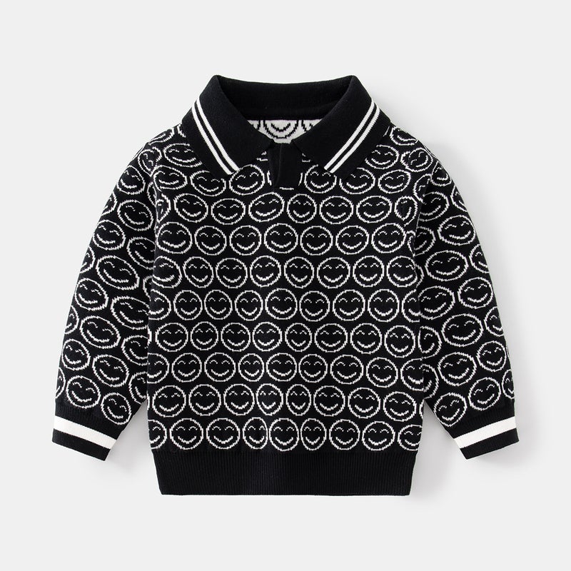 Fashionable Lapel Autumn Boys Striped Smiley Face Cotton Sweater Casual Chessboard Plaid Long Sleeve Warm Pullover Sweater - Image 3