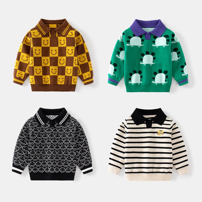 Fashionable Lapel Autumn Boys Striped Smiley Face Cotton Sweater Casual Chessboard Plaid Long Sleeve Warm Pullover Sweater - Image 2